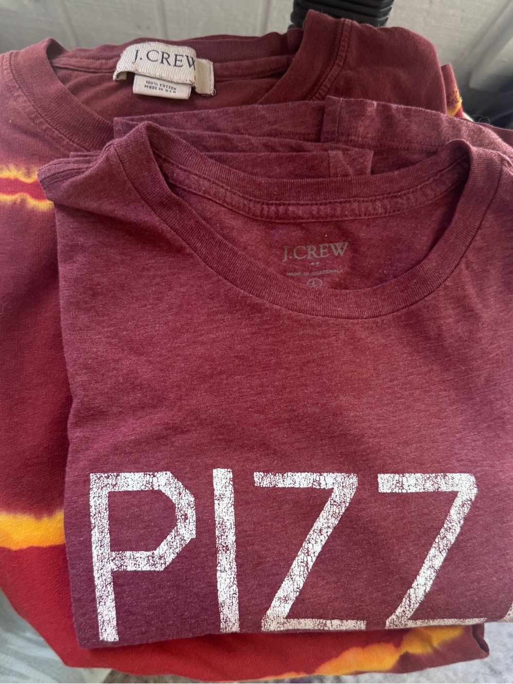 J. Crew 2 for 1 Maroon Graphic Short Sleeve Tees White Print Pizza and Tiedyed